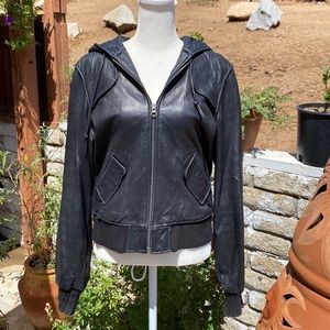 Genuine Leather Hooded Bomber Jacket